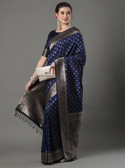 Women's Silk Blend Navy Blue Woven Design Designer Saree With Blouse Piece