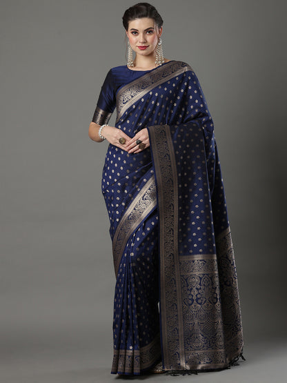 Women's Silk Blend Navy Blue Woven Design Designer Saree With Blouse Piece