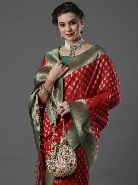 Women's Silk Blend Red Woven Design Designer Saree With Blouse Piece