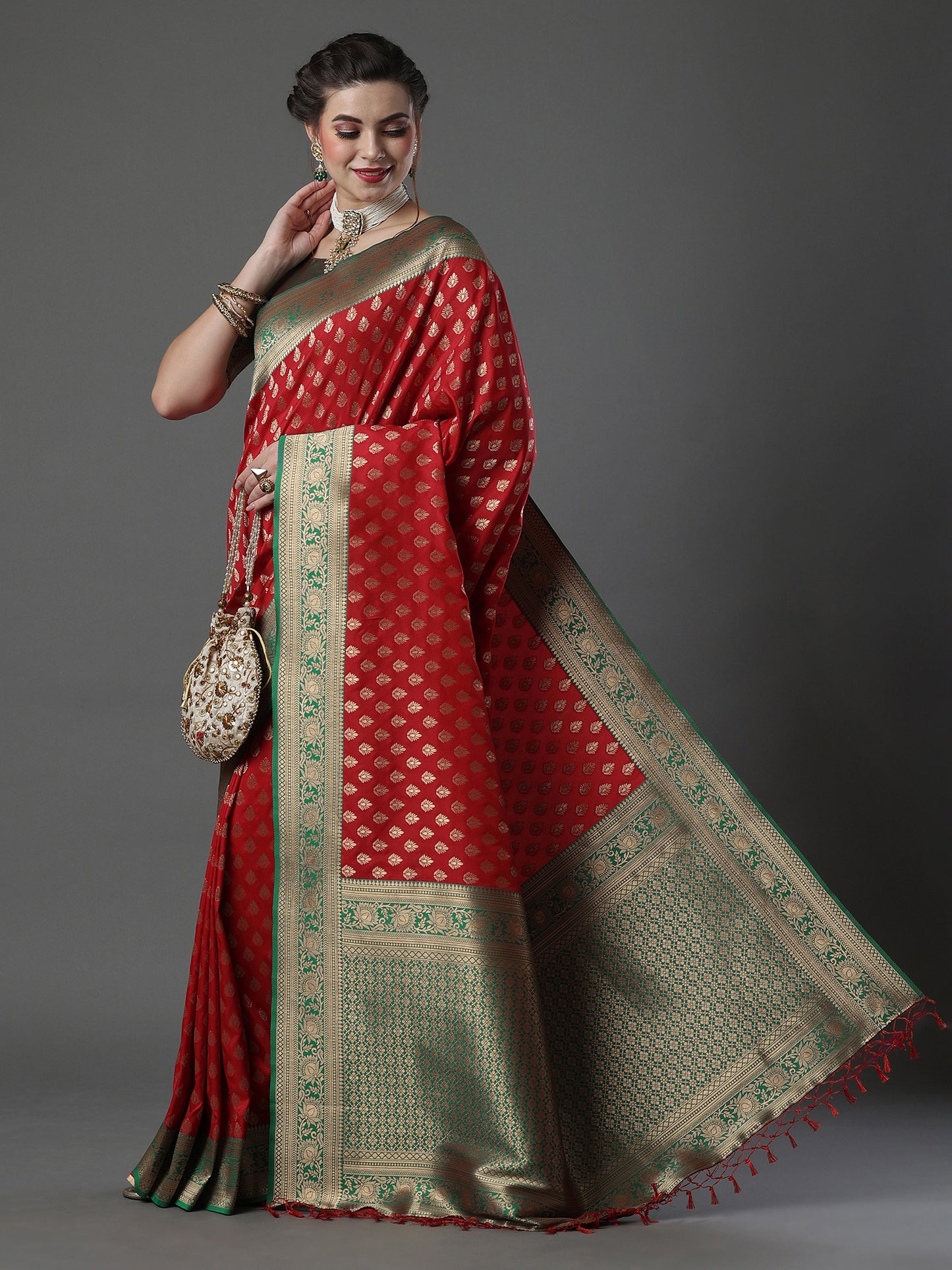 Women's Silk Blend Red Woven Design Designer Saree With Blouse Piece
