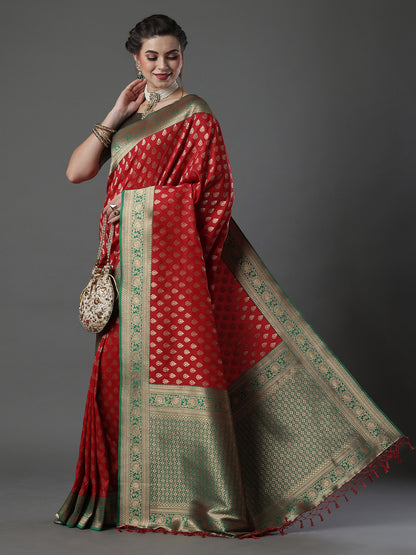 Women's Silk Blend Red Woven Design Designer Saree With Blouse Piece