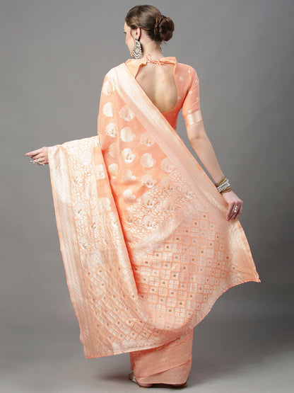 Women's Cotton Silk Peach Woven Design Woven saree With Blouse Piece