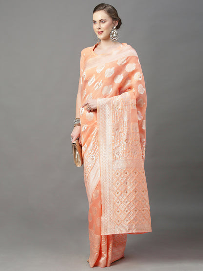 Women's Cotton Silk Peach Woven Design Woven saree With Blouse Piece