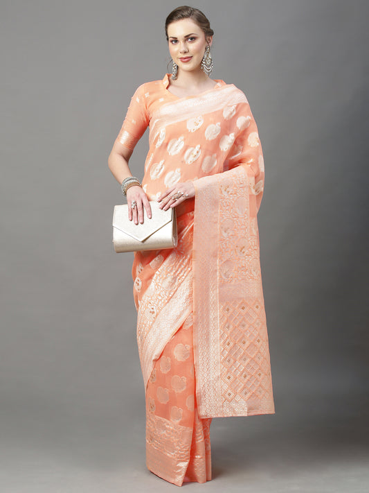 Women's Cotton Silk Peach Woven Design Woven saree With Blouse Piece