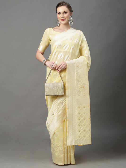Women's Cotton Silk Yellow Woven Design Woven saree With Blouse Piece