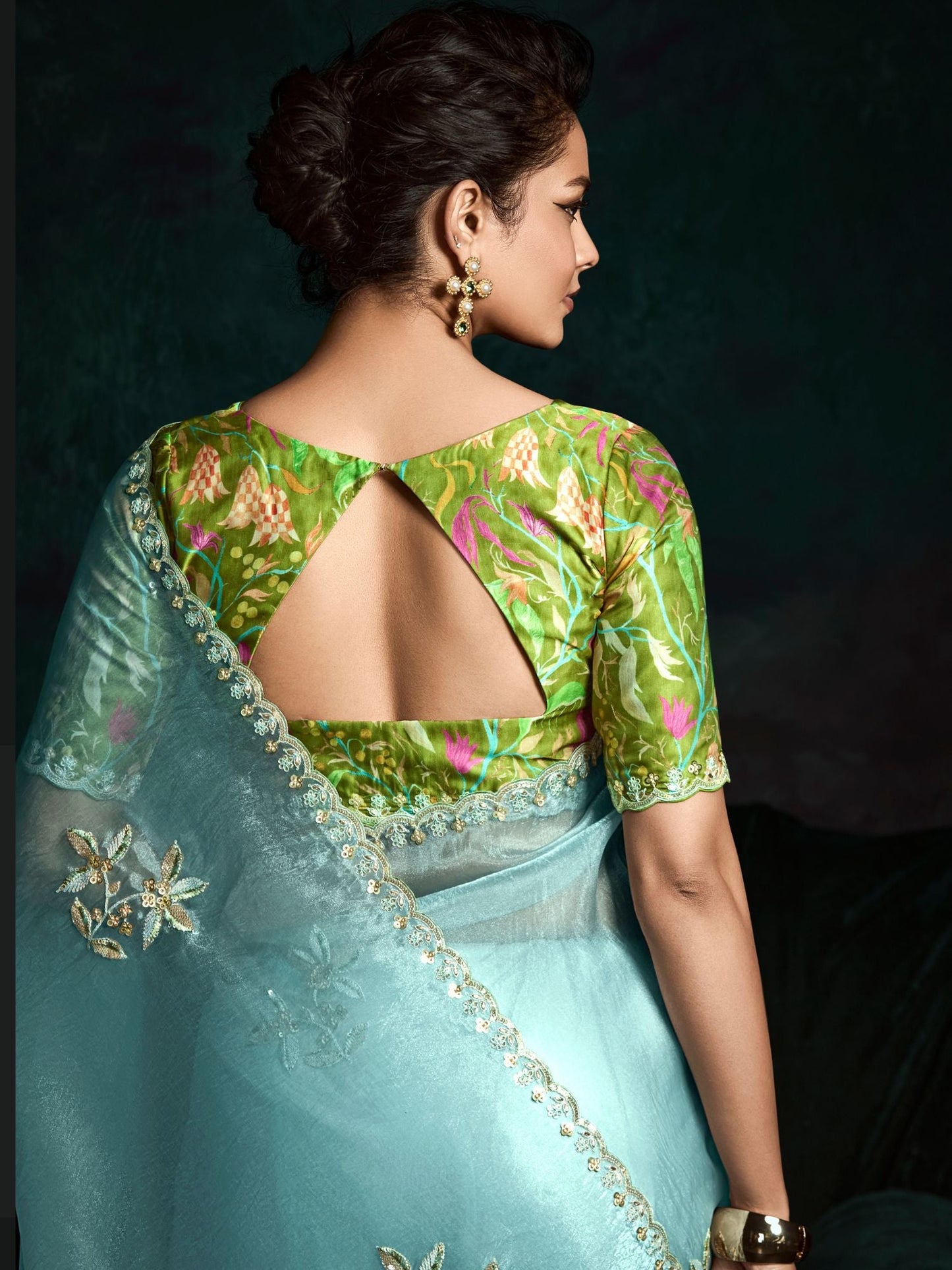 Dhiyona KM Women Ice Blue Designer Organza Saree- A Vision Of Tranquil Beauty