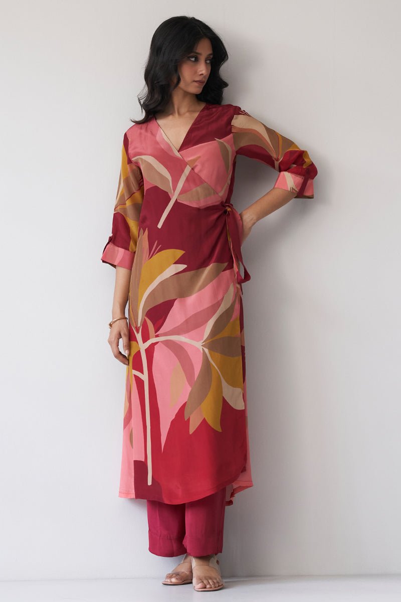 Women's Maroon Crepe Silk Printed Co-ord Set