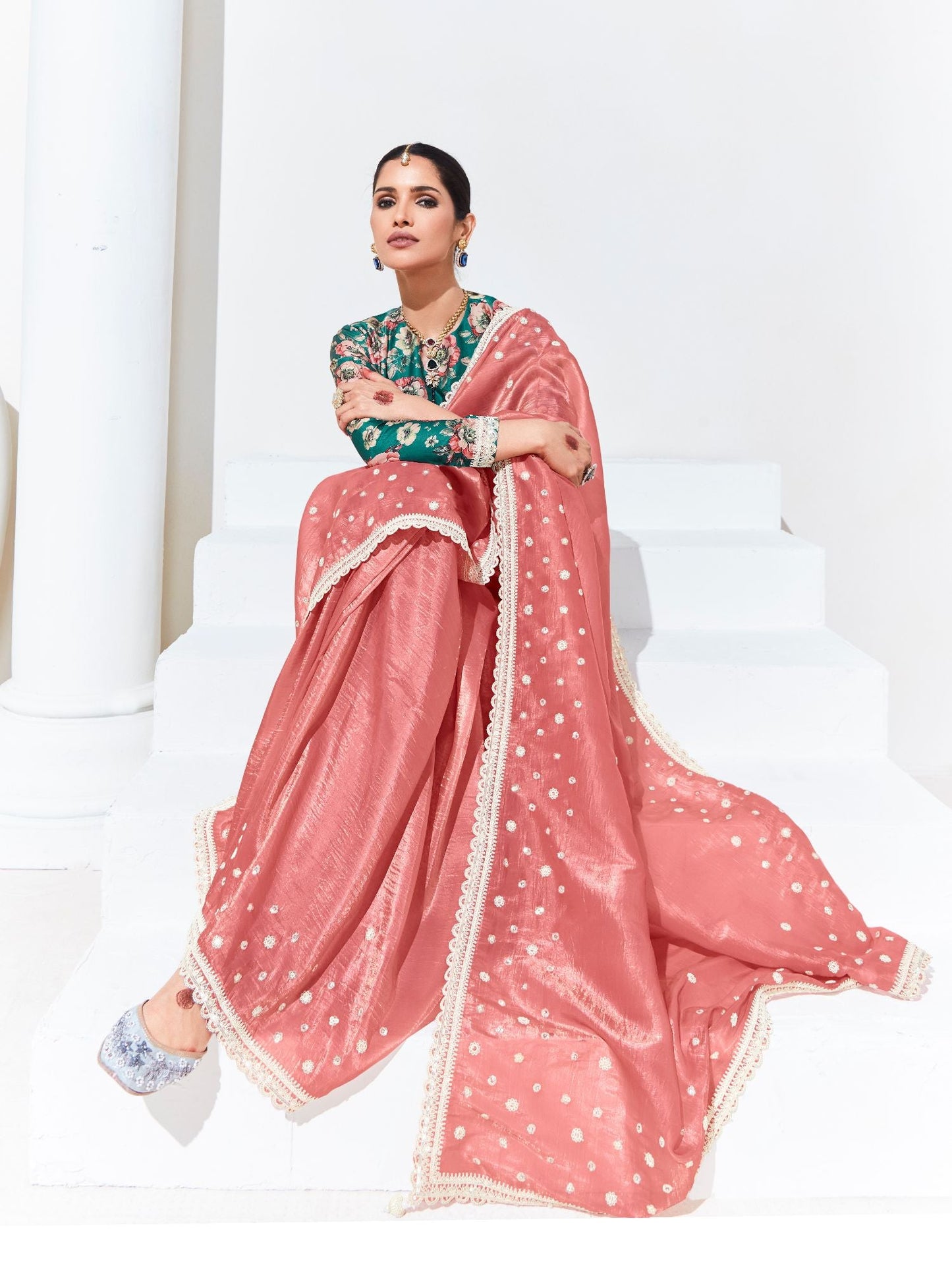 Dhiyona KM Women Pink Saree With Green Floral Blouse “ A Graceful Ethnic Ensemble