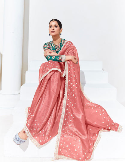 Dhiyona KM Women Pink Saree With Green Floral Blouse “ A Graceful Ethnic Ensemble