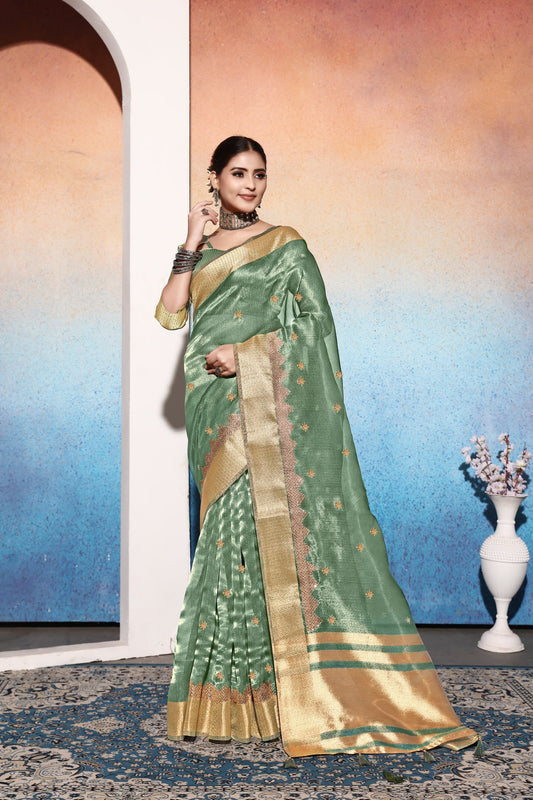 Dhiyona GR Women's Kalki Sea Green Tissue Cotton Silk Saree