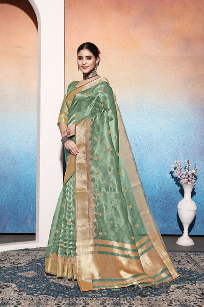 Dhiyona GR Women's Kalki Sea Green Tissue Cotton Silk Saree