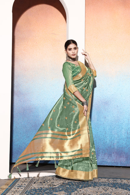 Dhiyona GR Women's Kalki Sea Green Tissue Cotton Silk Saree