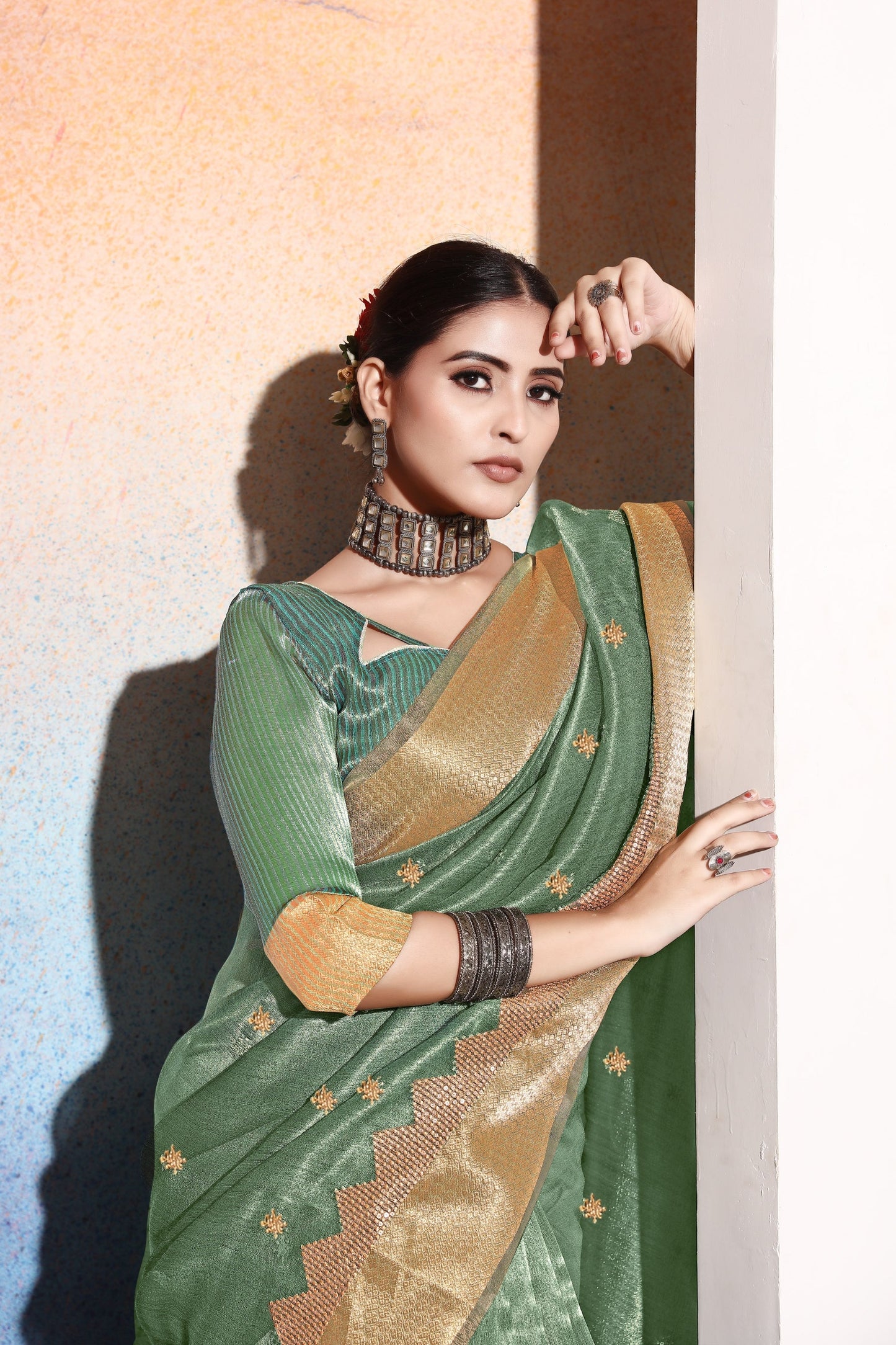 Dhiyona GR Women's Kalki Sea Green Tissue Cotton Silk Saree