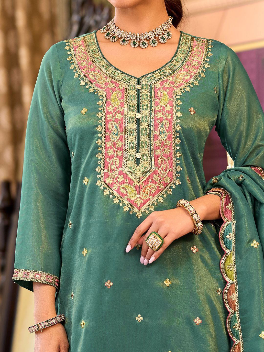 Floral Embroidered Sequinned Straight Kurta With Palazzos & Dupatta