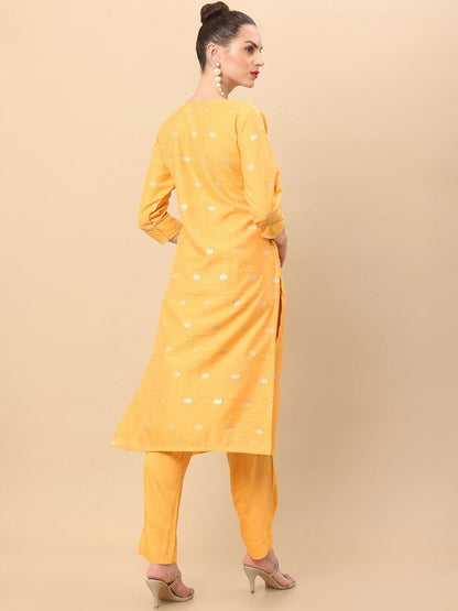 Dhiyona SO Women's Women Yellow Floral Embroidered Thread Work Chanderi Silk Kurta with Trousers