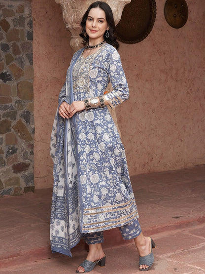 Dhiyona SN Women's Blue Printed Thread Work Pure Cotton Empire A-Line Kurta with Trousers & Dupatta