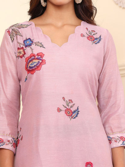 Dhiyona VA Women'sFloral Embroidered Chanderi Silk Straight Kurta With Trouser & Dupatta