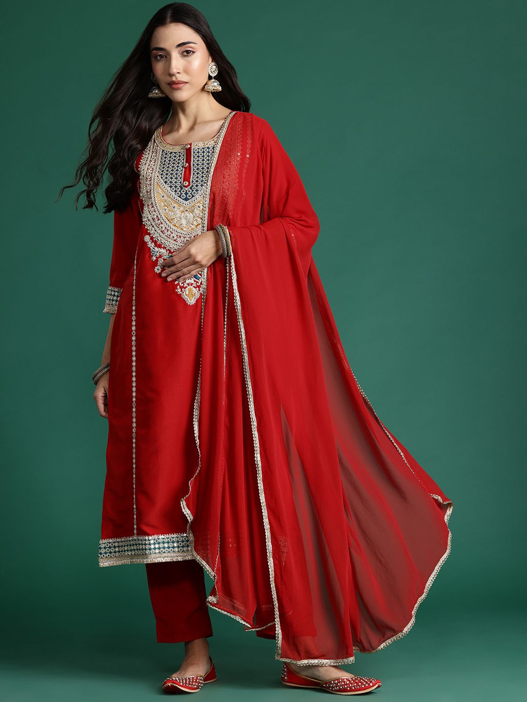 Ethnic Motifs Embroidered Kurta with Trousers & With Dupatta