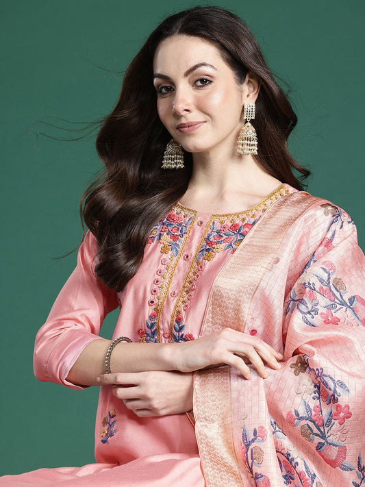 Dhiyona IE Floral Embroidered Thread Work Kurta with Trousers & With Dupatta