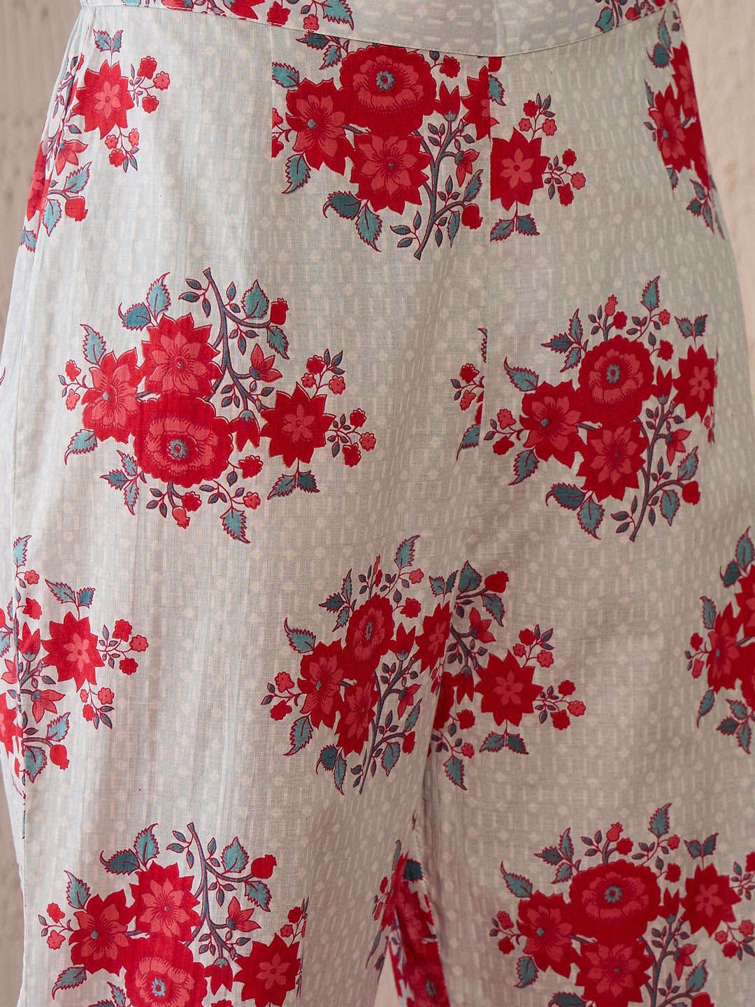 Dhiyona IE Women Floral Printed Regular Mirror Work Pure Cotton Kurta with Trousers
