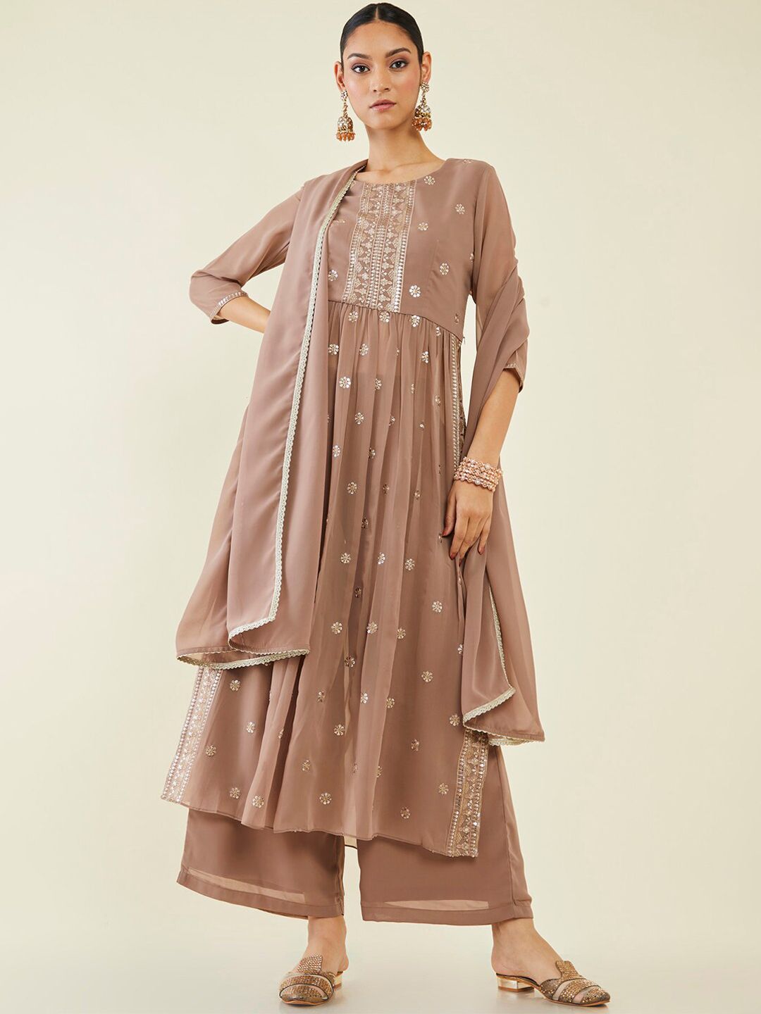 Dhiyona SO Women's Floral Embroidered Pleated Kurta with Palazzos & Dupatta