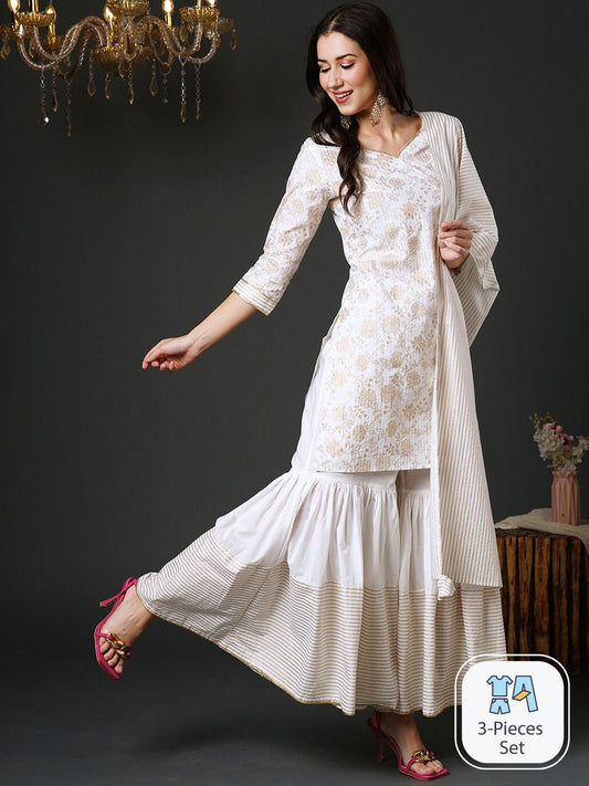 Dhiyona IE Floral Printed Gotta Patti Kurta & Sharara With Dupatta