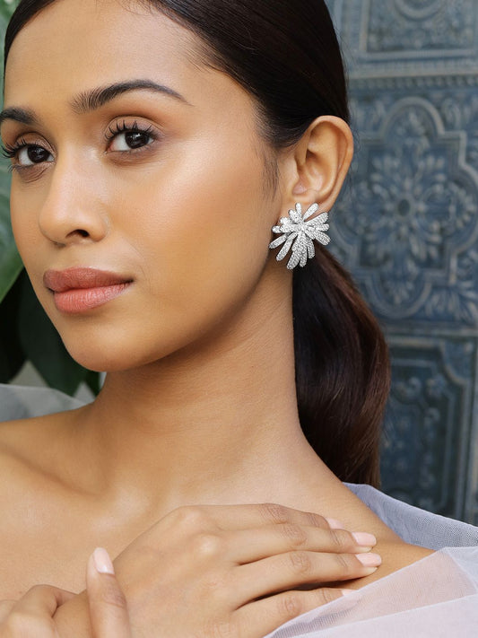 Dhiyona RJ Women's Rhodium-Plated White Cubic Zirconia Floral Glamorous Stud Earrings