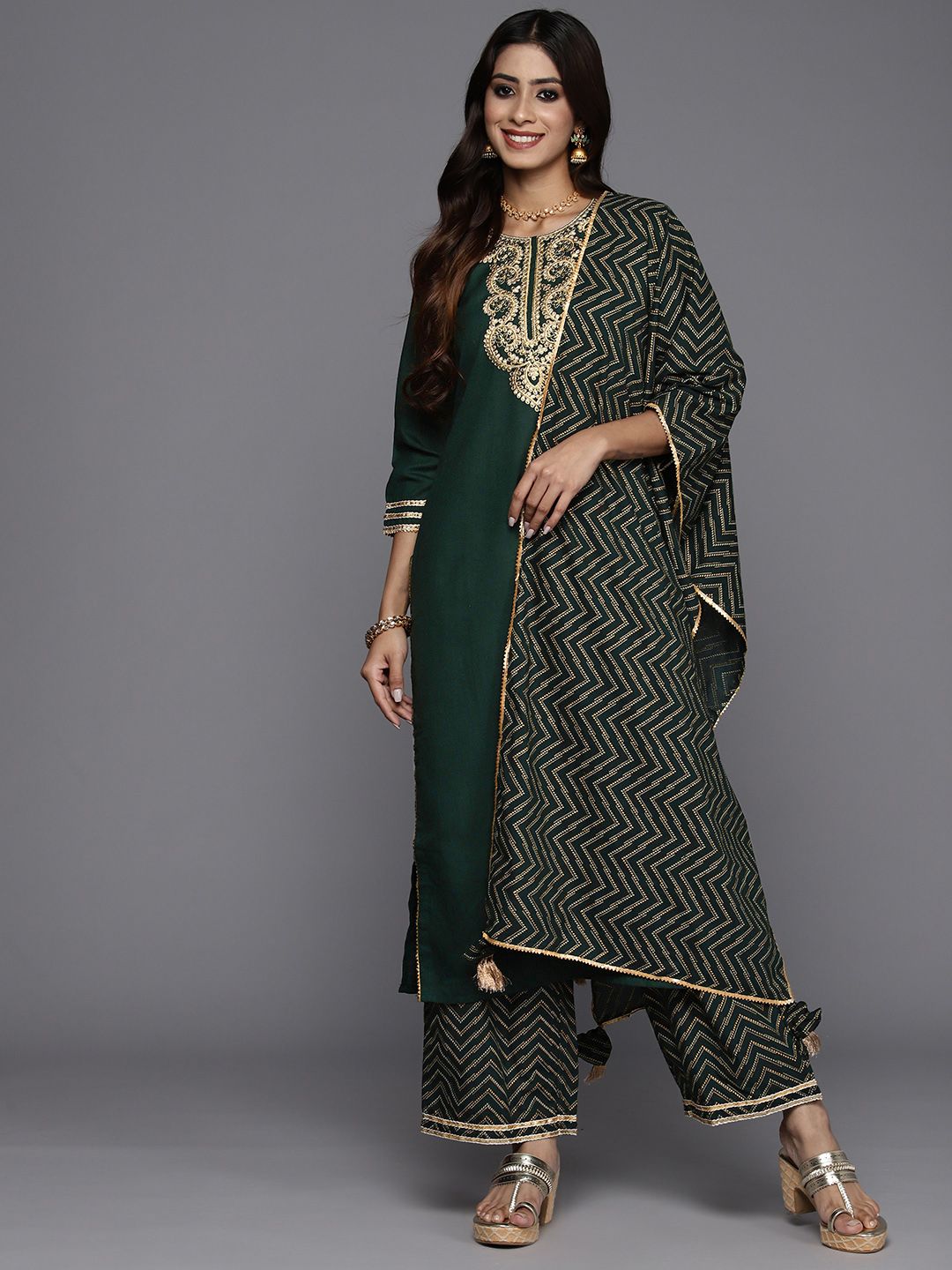 Women Ethnic Motifs Embroidered Liva Kurta & Palazzos With Dupatta