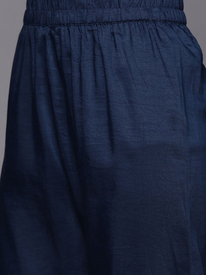 Dhiyona VA Women's Navy Blue & Golden Ethnic Motifs Embroidered Kurta with Trousers & Dupatta