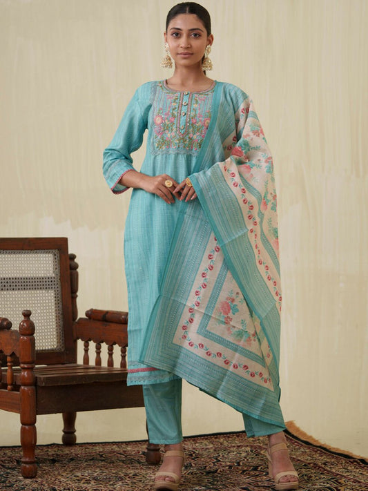 Dhiyona PD Women Yoke Design Straight Kurta With Trouser & Dupatta