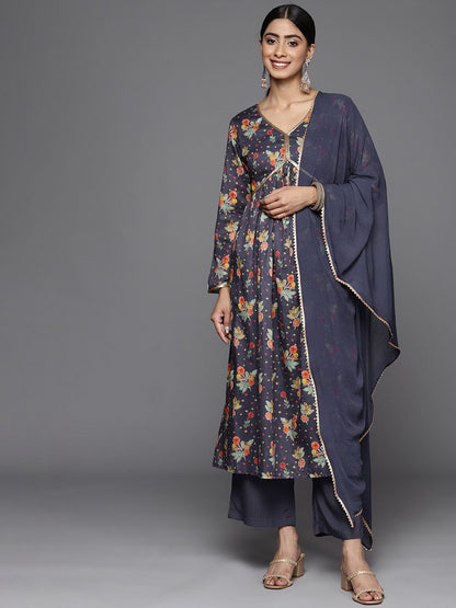 Dhiyona VA Women'sFloral Printed Empire Sequinned Pure Cotton Kurta With Palazzos & With Dupatta