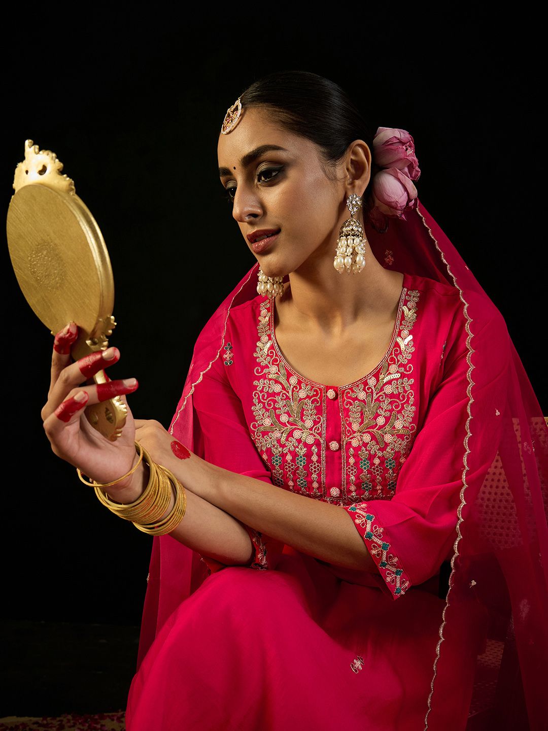 Floral Embroidered Sequinned Straight Kurta & Trousers With Dupatta