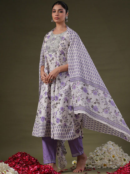 Dhiyona IE Floral Printed Empire Sequinned Pure Cotton Kurta With Trousers & Dupatta