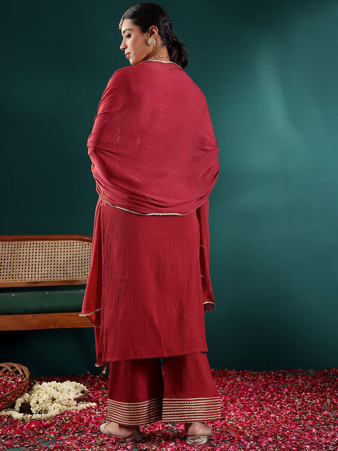 Dhiyona VA Women's Yoke Design Regular Gotta Patti Silk Crepe Kurta with Trousers & With Dupatta