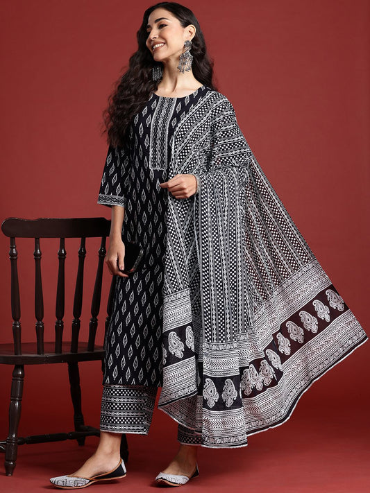 Dhiyona IE Printed Mirror Work Pure Cotton Kurta With Palazzos & Dupatta