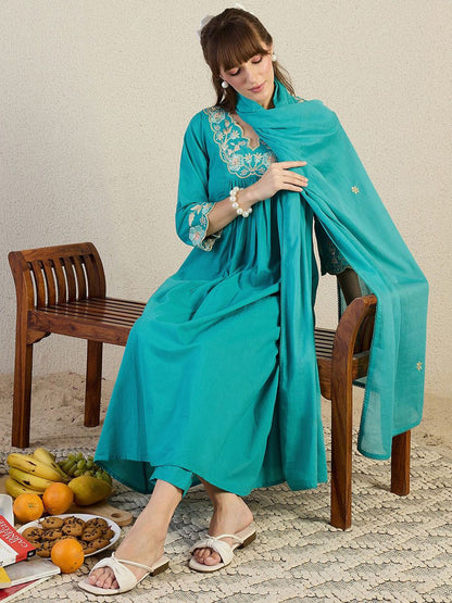 Dhiyona IE Women Embroidered Beads & Stones Pure Cotton Kurta with Trousers & Dupatta