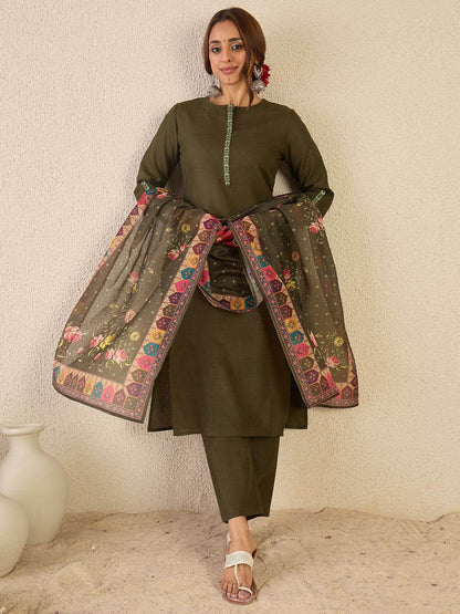 Dhiyona IE Women Ethnic Motifs Embroidered Regular Kurta & Trouser & Dupatta