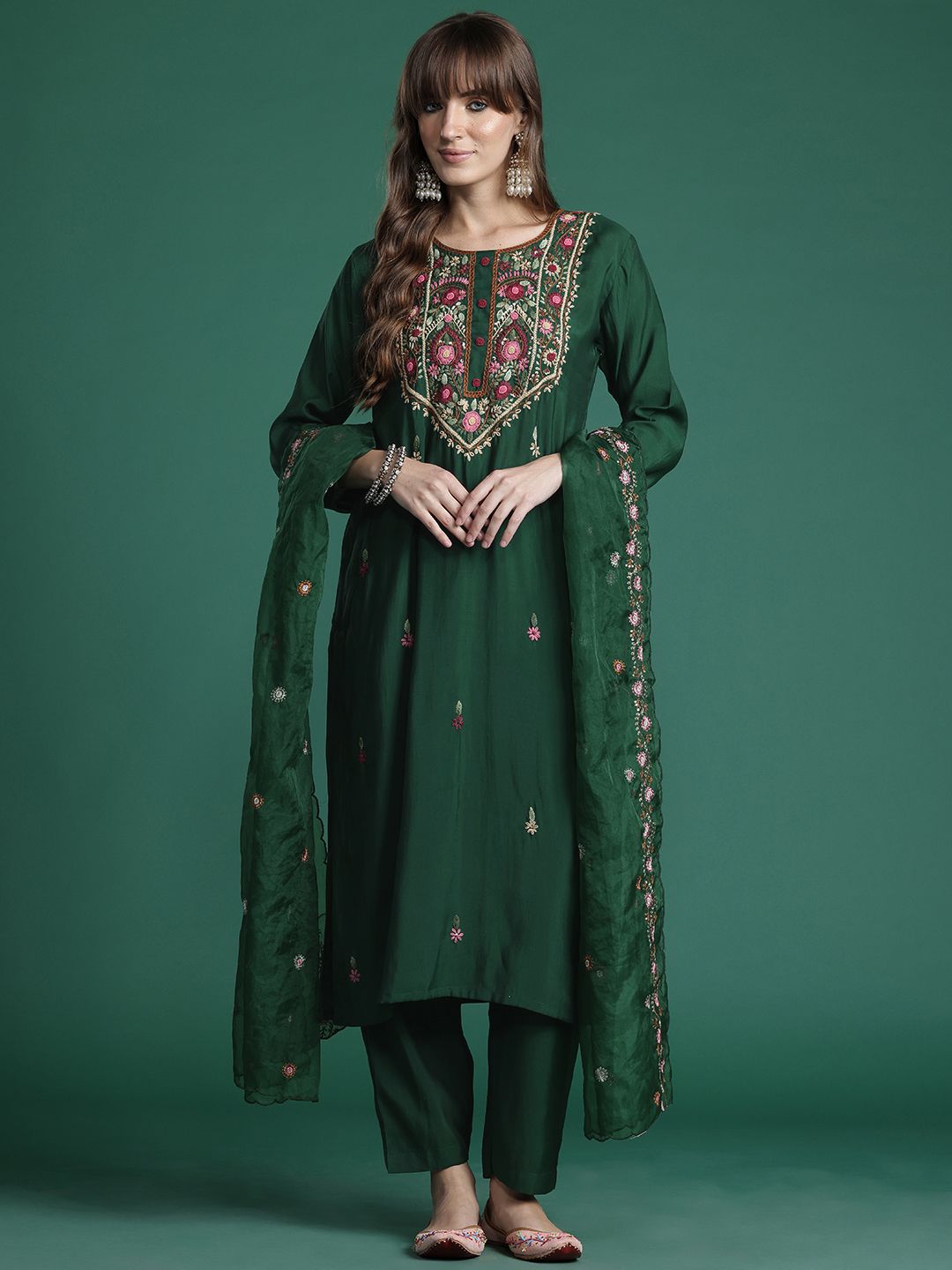Floral Embroidered Thread Work Kurta with Trousers & With Dupatta