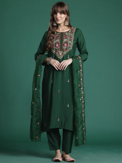 Floral Embroidered Thread Work Kurta with Trousers & With Dupatta