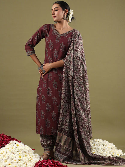 Floral Printed V-Neck Pure Cotton Straight Kurta with Salwar & Dupatta