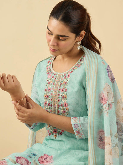 Floral Embroidered Linen Thread Work Straight Kurta & Trousers & Dupatta