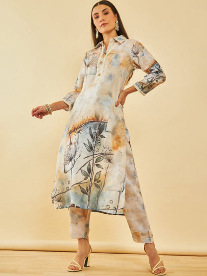 Dhiyona SO Women's Floral Printed Regular Mirror Work Kurta with Trousers