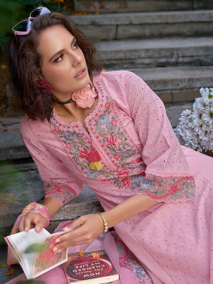 Women Floral Embroidered Regular Pure Cotton Kurta with Trousers & Dupatta