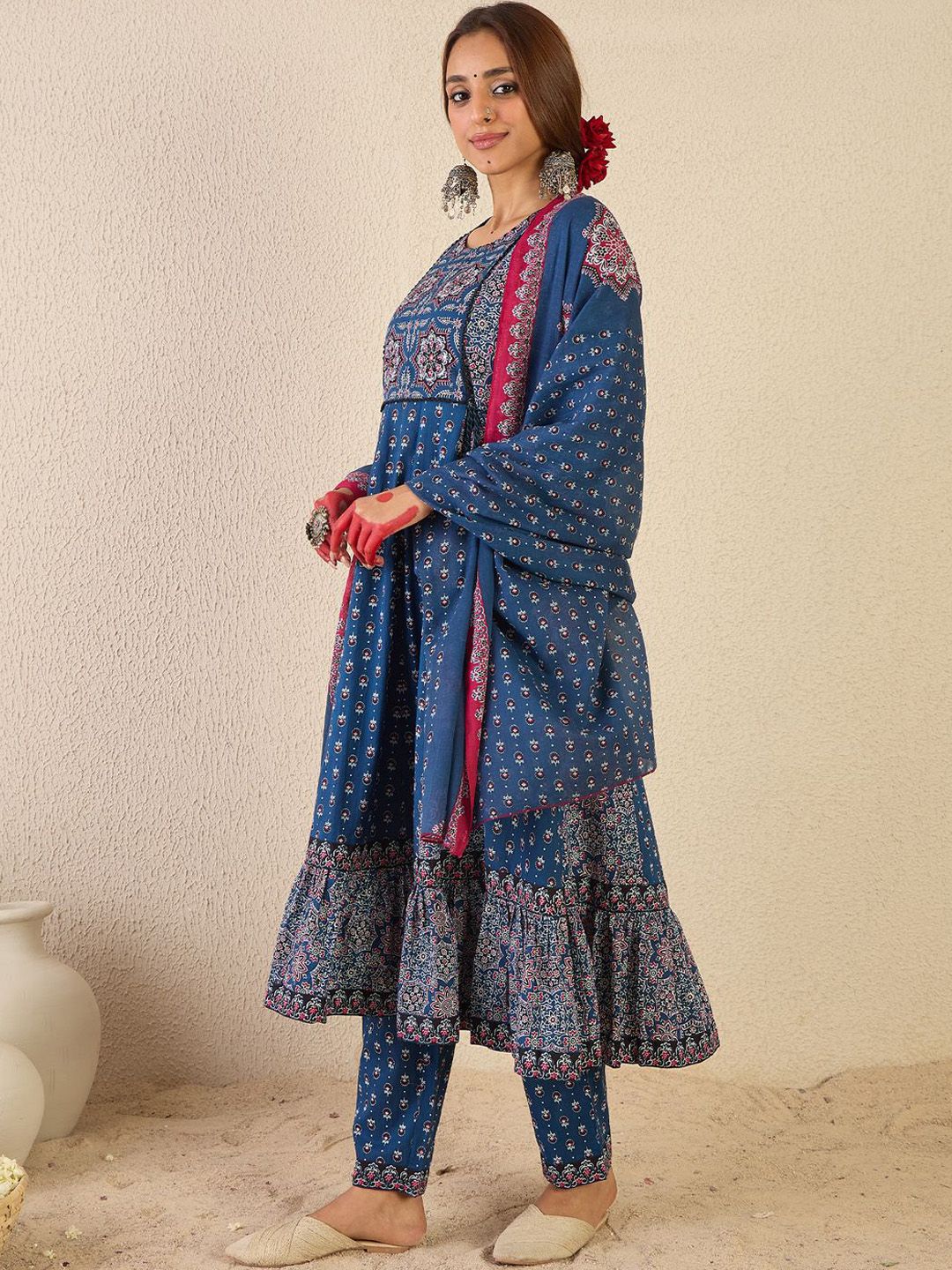 Ethnic Motifs Printed A Line Pure Cotton Kurta With Trousers & Dupatta