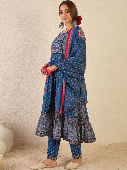 Ethnic Motifs Printed A Line Pure Cotton Kurta With Trousers & Dupatta