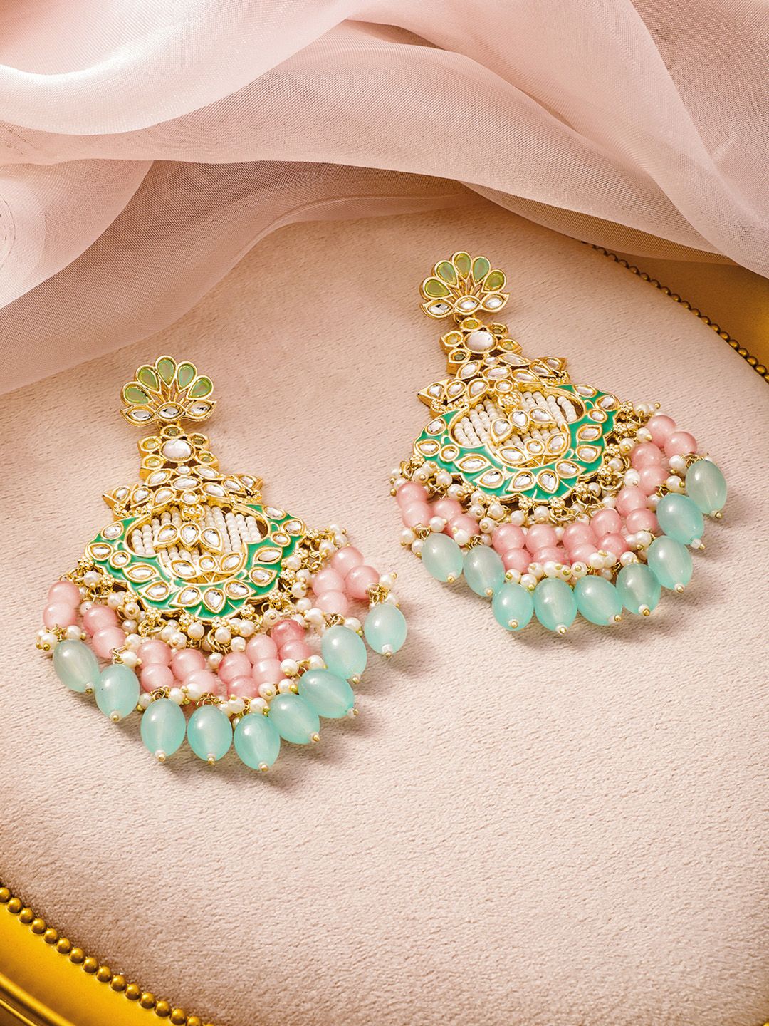 Dhiyona RJ Women's 22K Gold-Plated Kundan & Green Enamel Chandbali Earrings with Pink & Aqua Blue Bead