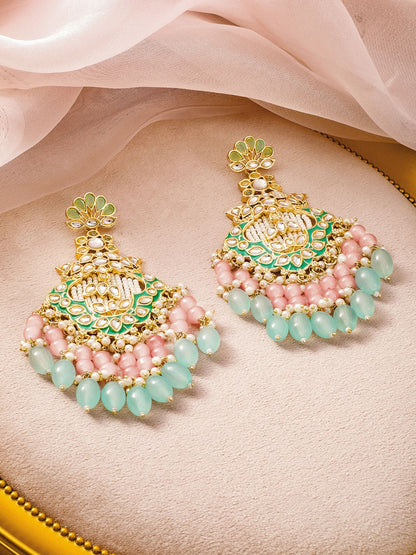 Dhiyona RJ Women's 22K Gold-Plated Kundan & Green Enamel Chandbali Earrings with Pink & Aqua Blue Bead