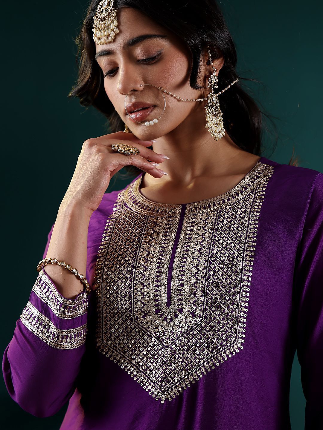 Dhiyona VA Women's Floral Embroidered Regular Chanderi Silk Kurta with Trousers & With Dupatta