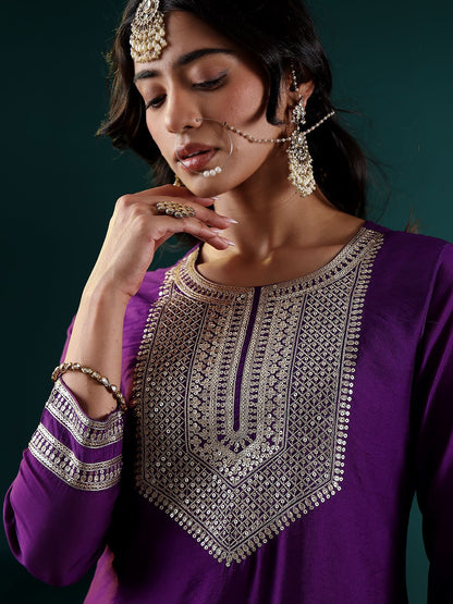 Dhiyona VA Women's Floral Embroidered Regular Chanderi Silk Kurta with Trousers & With Dupatta