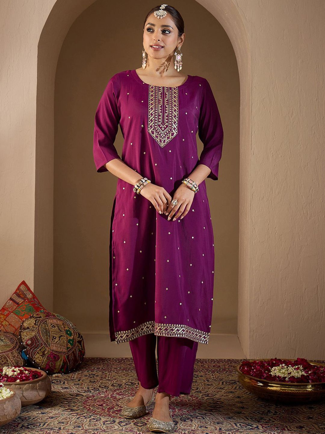 Dhiyona IE Women Ethnic Motifs Embroidered Regular Sequinned Kurta with Trousers & With Dupatta